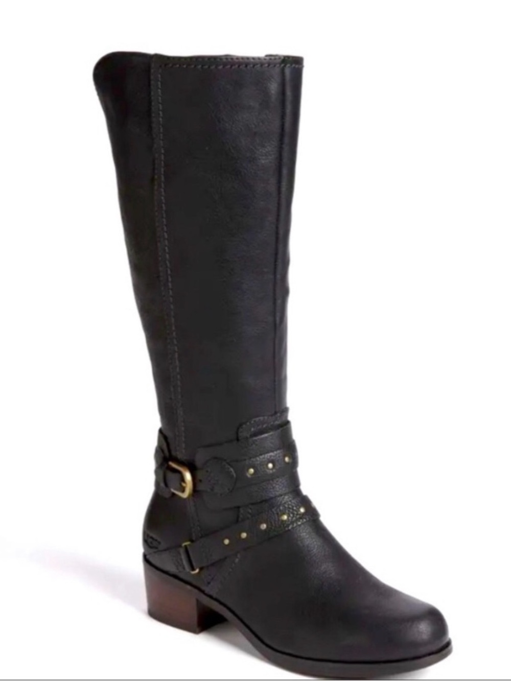 UGG 1004169 esplanade Black pebble Leather Tall Riding Boots with Buckle Straps